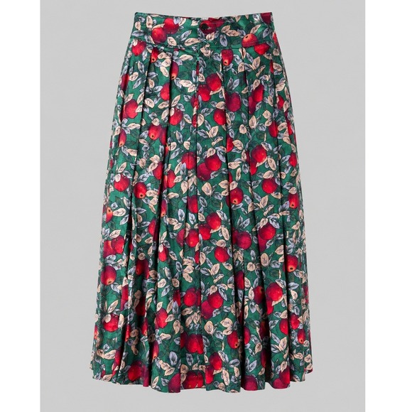 Dresses & Skirts - Vintage Style Apple Print Pleated Midi Skirt Green Red High Waist Pockets 26W